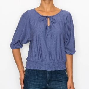 Anthropologie W5 Blue Dark Denim Swiss Dot Peasant Top - Size Small
